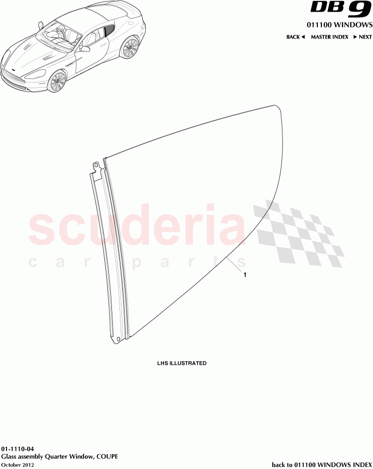 Glass assembly Quarter Window, COUPE of Aston Martin Aston Martin DB9 (2013-2016)