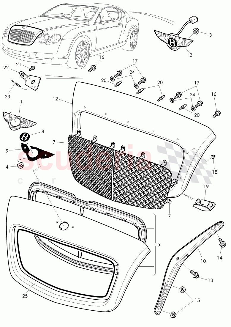 radiator grille, F 3W-7-039 946>> 3W-7-051 362 of Bentley Bentley Continental GT (2003-2010)