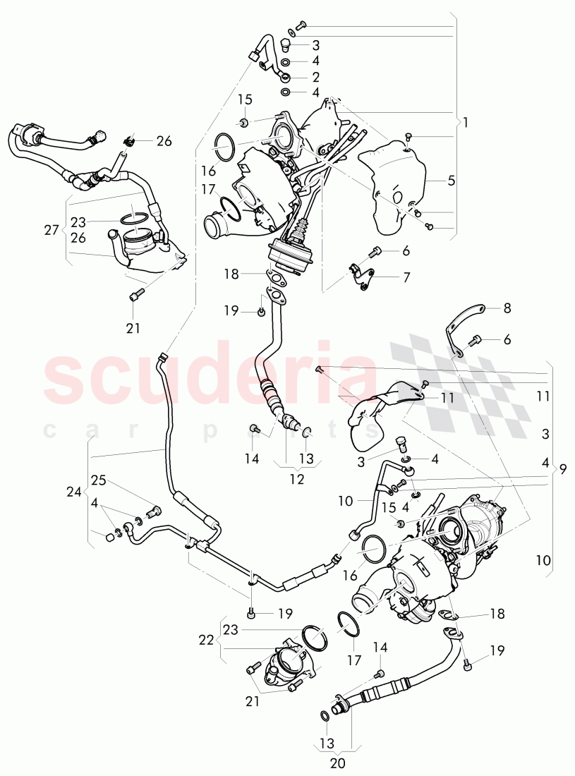 Exhaust gas turbocharger, oil return line, oil pressure line of Bentley Bentley Continental Flying Spur (2013+)