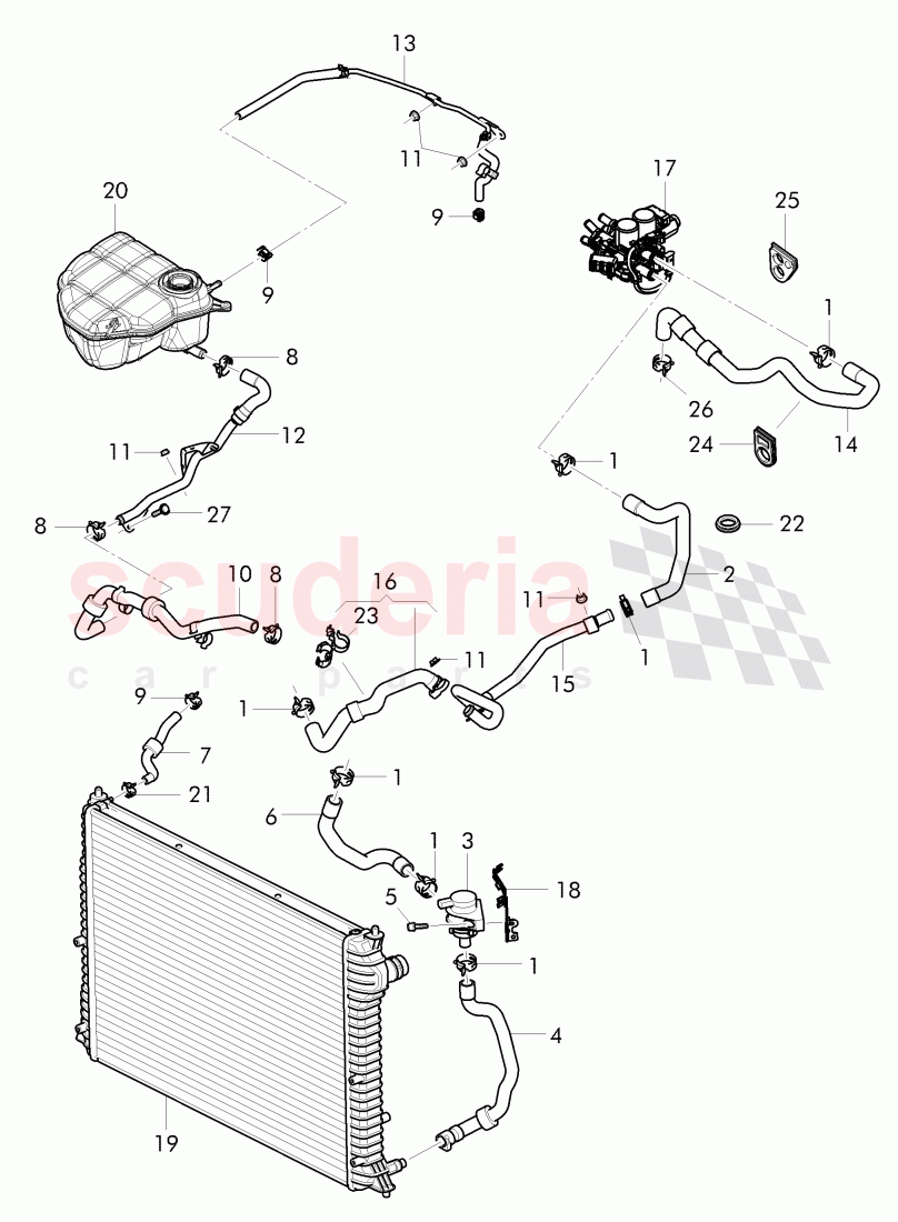 Coolant hoses and pipes, Engine bay, D - MJ 2015>> of Bentley Bentley Continental GT (2011-2018)