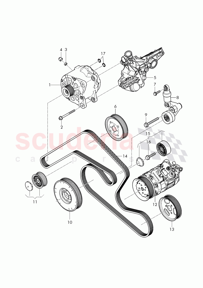 Alternator, connecting and mounting parts, for alternator, v-ribbed belt, tensioning lever with relay, roller of Bentley Bentley Continental Flying Spur (2013+)