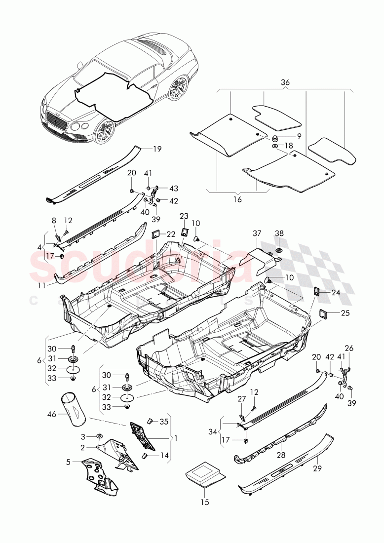 floor covering, F 3W-D-086 066>>, F ZA-D-086 066>> of Bentley Bentley Continental GTC (2011+)