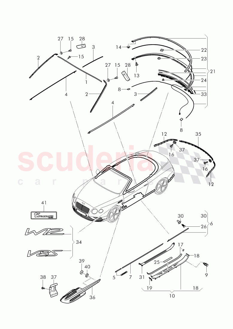 moldings for windshield, door, side and rear window, fender, door and side panels, sill panels, trim strip for bumper, D - MJ 2017>> of Bentley Bentley Continental GTC (2011+)