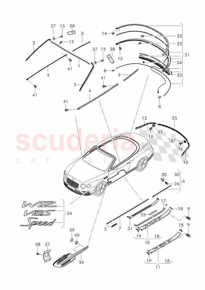 moldings for windshield, door, side and rear window, fender, door and side panels, sill panels, trim strip for bumper, D - MJ 2017>> of Bentley Bentley Continental GTC (2011+)