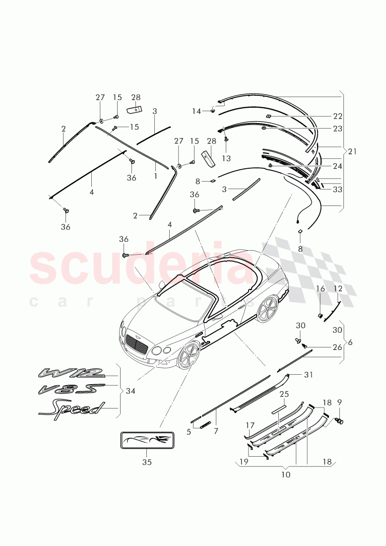 moldings for windshield, door, side and rear window, fender, door and side panels, sill panels, trim strip for bumper, D >> - MJ 2015 of Bentley Bentley Continental GTC (2011+)