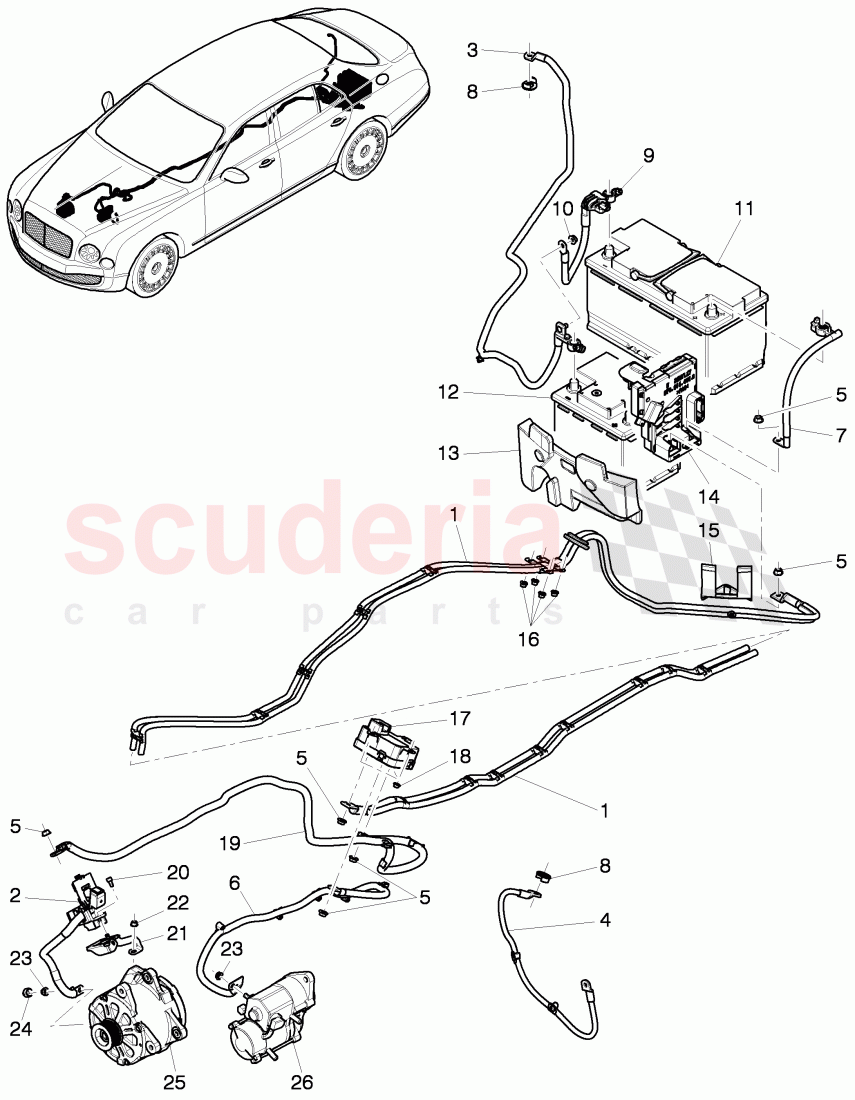 Wire harness for battery +, starter, alternator and ground, strap of Bentley Bentley Mulsanne (2010+)