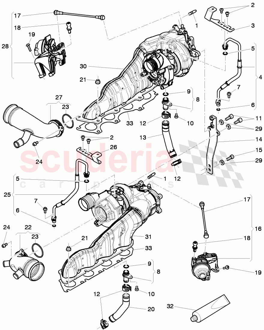 Exhaust gas turbocharger, (water-cooled), oil return line, oil pressure line, Servomotor for turbocharger of Bentley Bentley Continental GT (2011-2018)