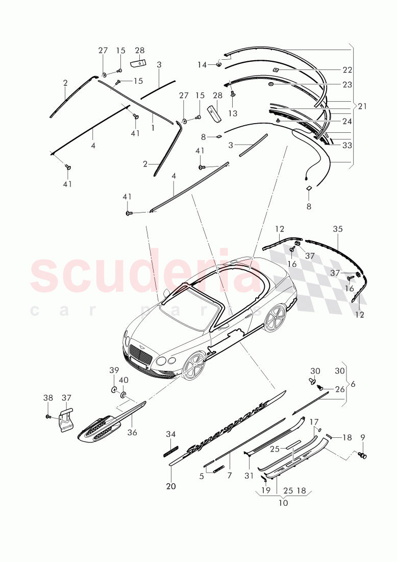 moldings for windshield, door, side and rear window, fender, door and side panels, sill panels, trim strip for bumper of Bentley Bentley Continental Supersports Convertible (2017+)