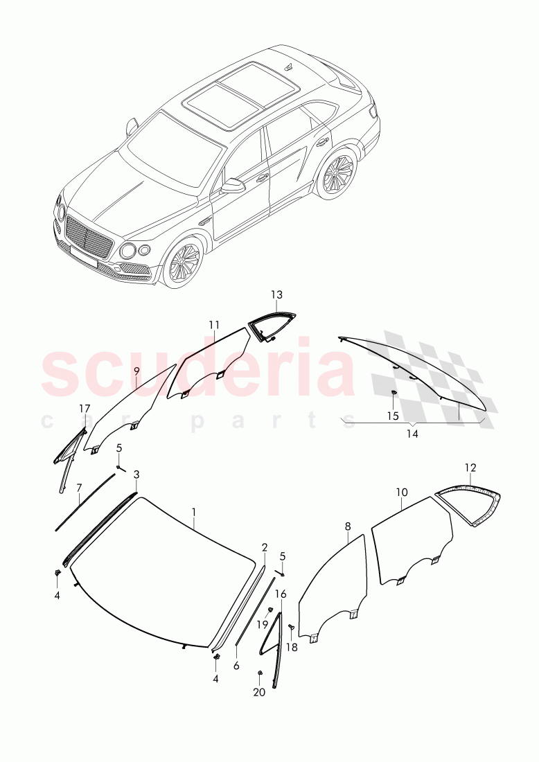 windshield glass, rear and side window, D - MJ 2018>> of Bentley Bentley Bentayga (2015+)