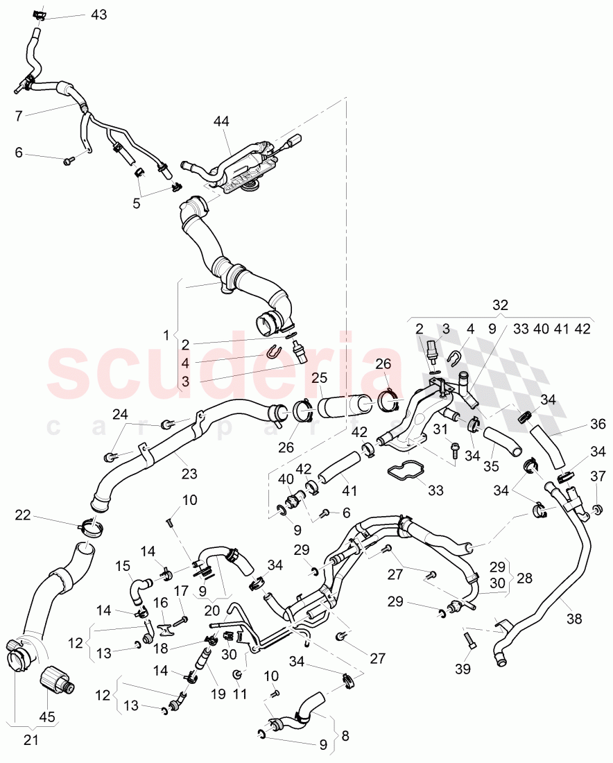 Coolant hoses and pipes, engine, F >> 3W-F-041 285, F >> ZA-F-041 285 of Bentley Bentley Continental GTC (2011+)