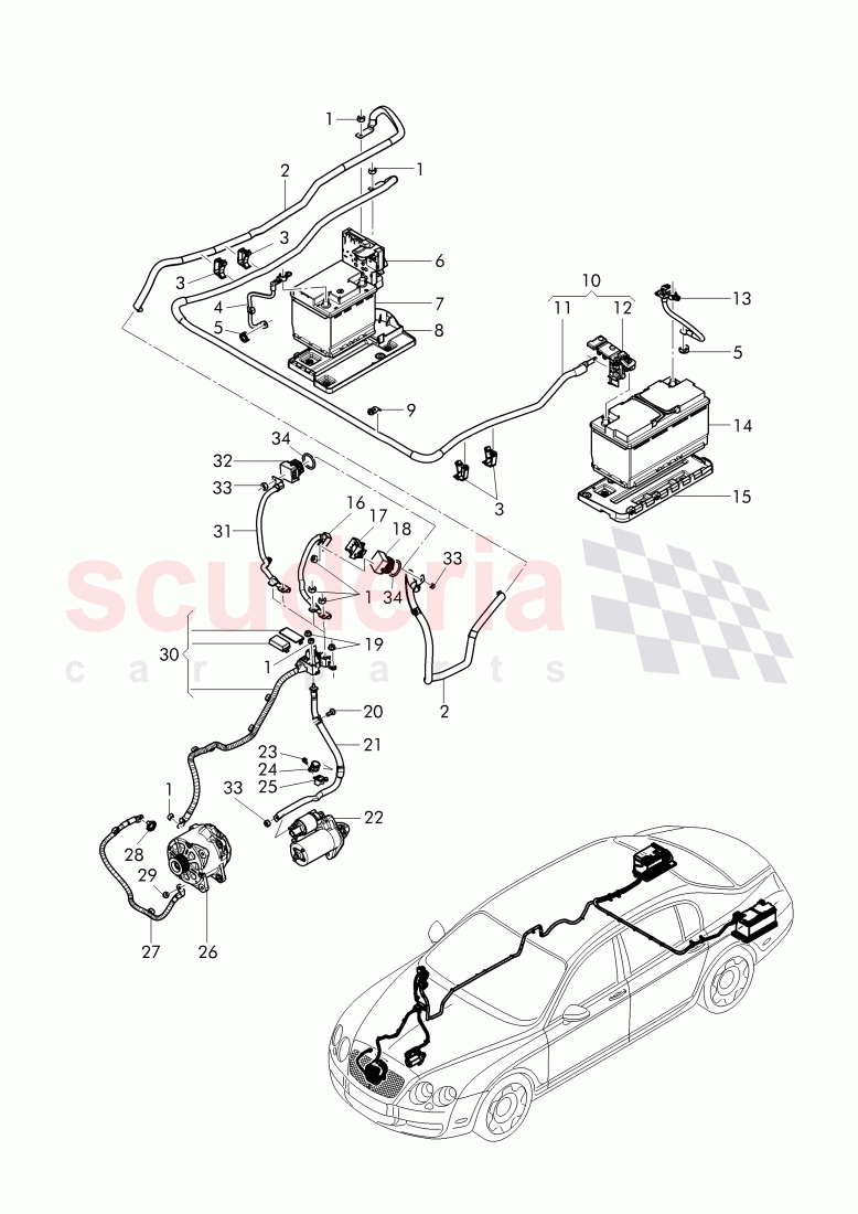 harness for battery +/-, Wire harness for starter and alternator with ground, wire, D - MJ 2012>> of Bentley Bentley Continental Flying Spur (2006-2012)