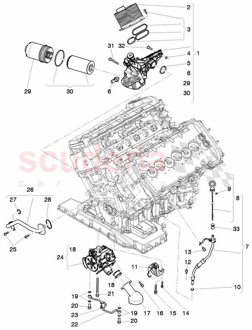 oil pump, oil dipstick with tube, oil filter with flange and oil cooler of Bentley Bentley Continental GT (2011-2018)