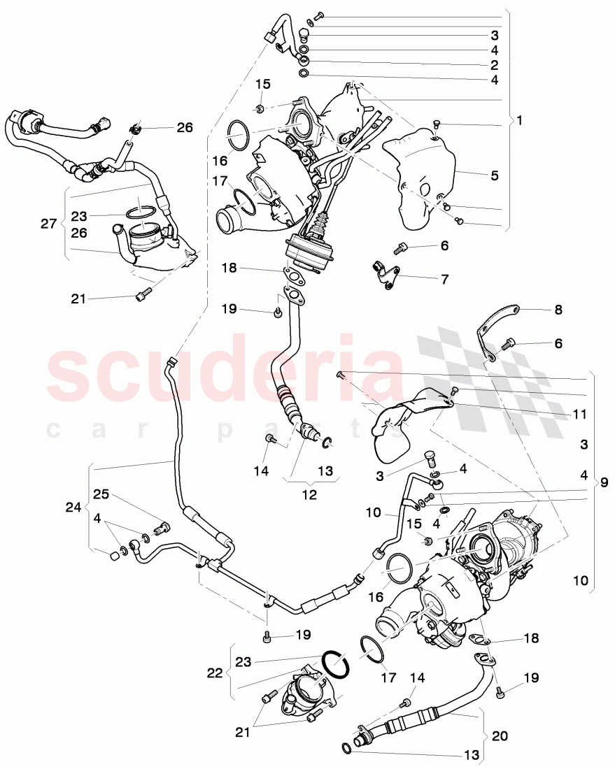 Exhaust gas turbocharger, oil return line, oil pressure line of Bentley Bentley Continental GTC (2011+)