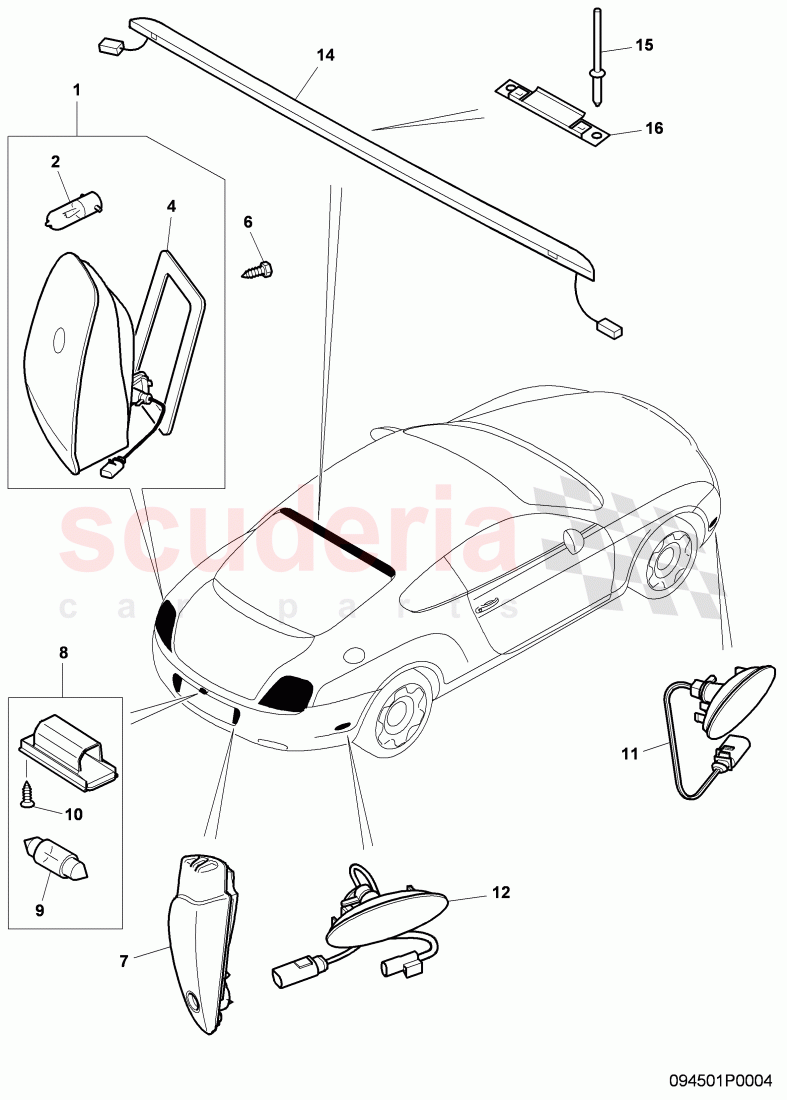 taillight, back-up light, license plate light, side marker light, High-mounted brake light, D - MJ 2008>> of Bentley Bentley Continental GT (2003-2010)