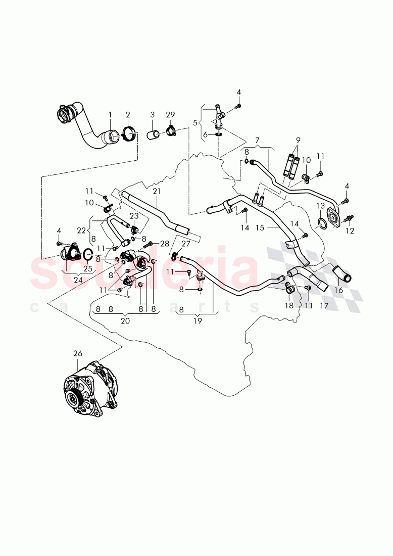 Coolant hoses and pipes, engine, F 3W-F-044 096>>, F ZA-F-044 096>> of Bentley Bentley Continental GT (2011-2018)