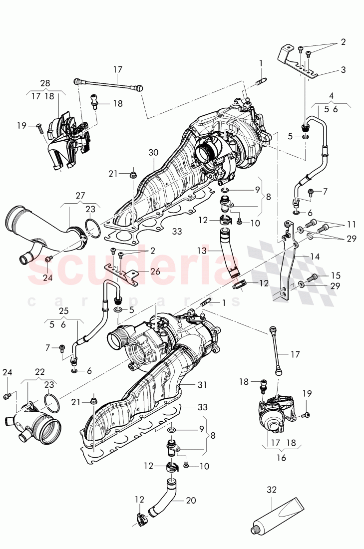 Exhaust gas turbocharger, (water-cooled), oil return line, oil pressure line, Servomotor for turbocharger of Bentley Bentley Continental Flying Spur (2013+)