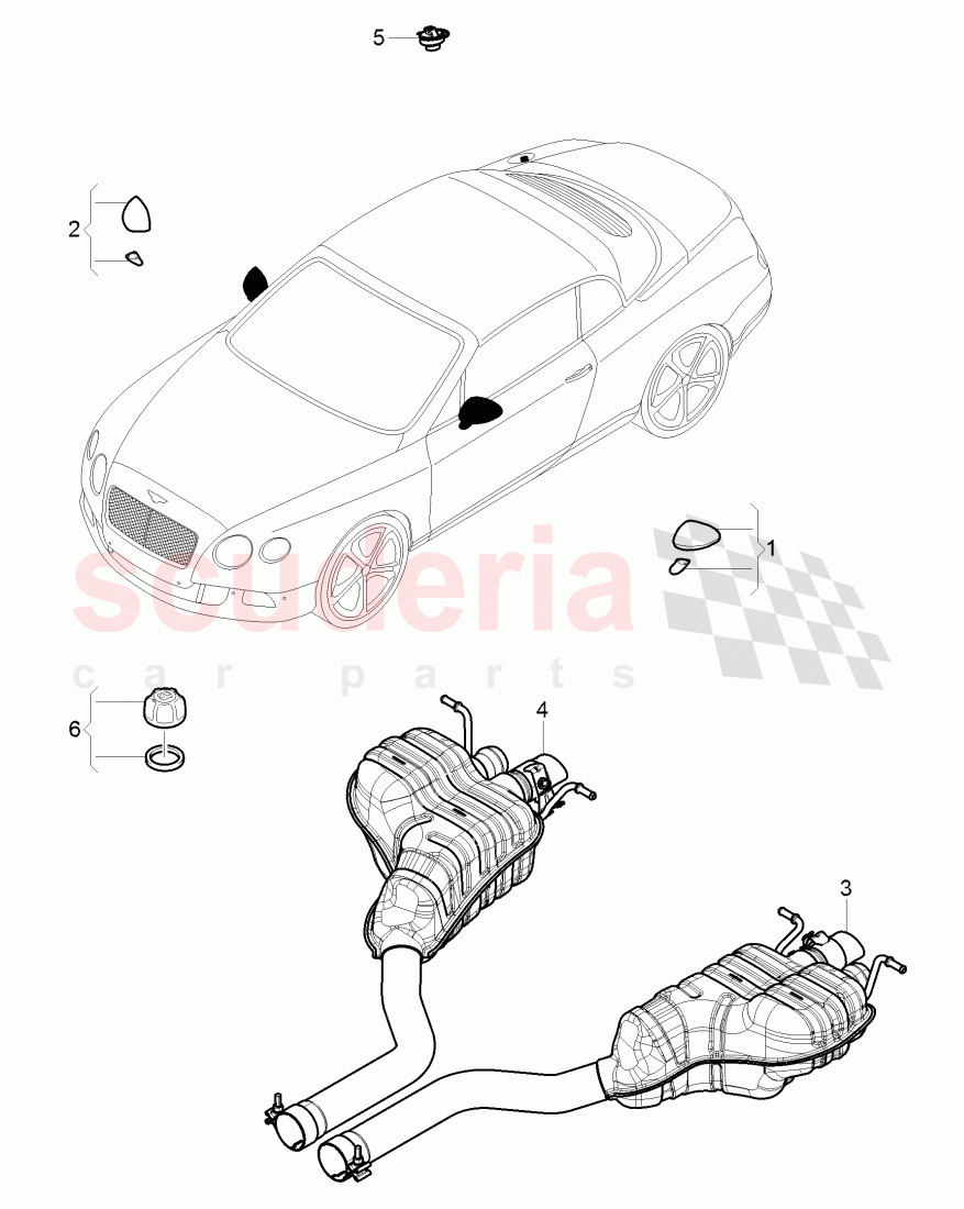 Original Accessories, rear view mirror, exhaust silencer, rear, fuel tank, cap of Bentley Bentley Continental GTC (2011+)