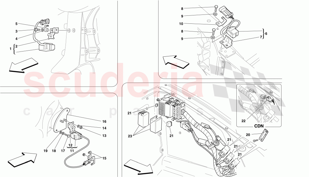 ECUs AND SENSORS IN FRONT COMPARTMENT AND ENGINE COMPARTMENT of Ferrari Ferrari 430 Spider