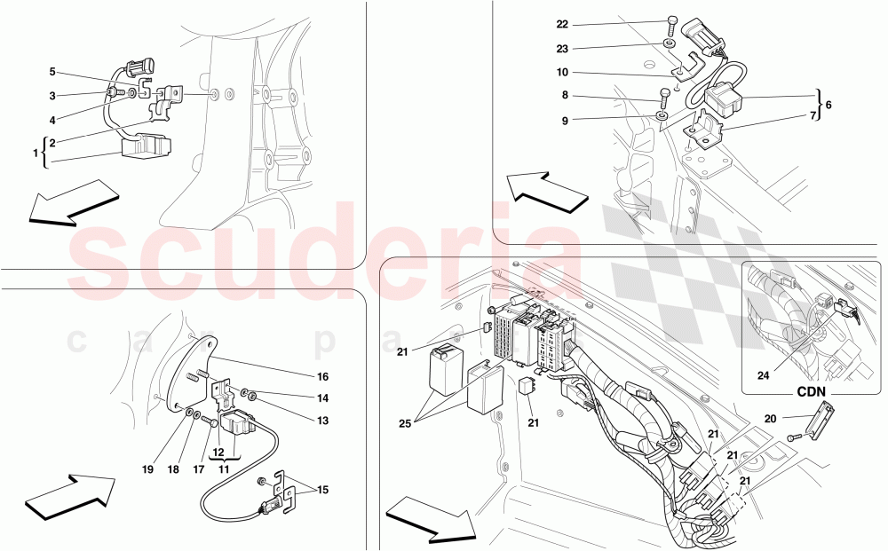 ECUs AND SENSORS IN FRONT COMPARTMENT AND ENGINE COMPARTMENT of Ferrari Ferrari 430 Scuderia