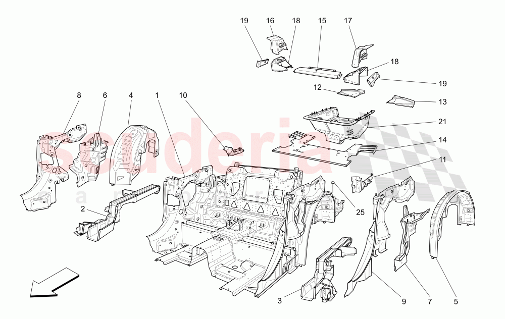 REAR STRUCTURAL FRAMES AND SHEET PANELS of Maserati Maserati GranCabrio (2011-2012) Sport