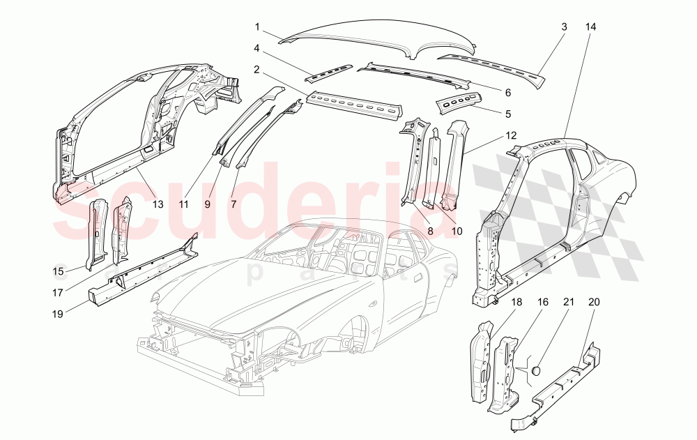 BODYWORK AND CENTRAL OUTER TRIM PANELS of Maserati Maserati 4200 Coupe (2002-2004) GT