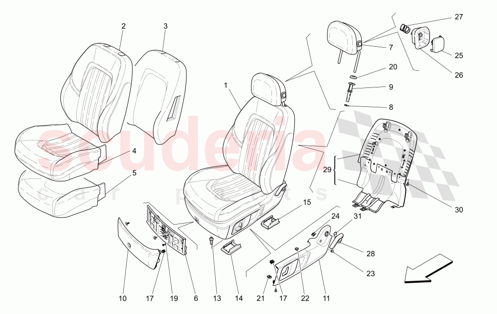 FRONT SEATS: TRIM PANELS (Not available with: SPORT 8-WAY POWER FRONT SEATS, 12 WAYS WITH MEMORIES FOR LEVANTE MY18/19, SPORT EQUIPMENT) of Maserati Maserati Levante (2017+) Diesel