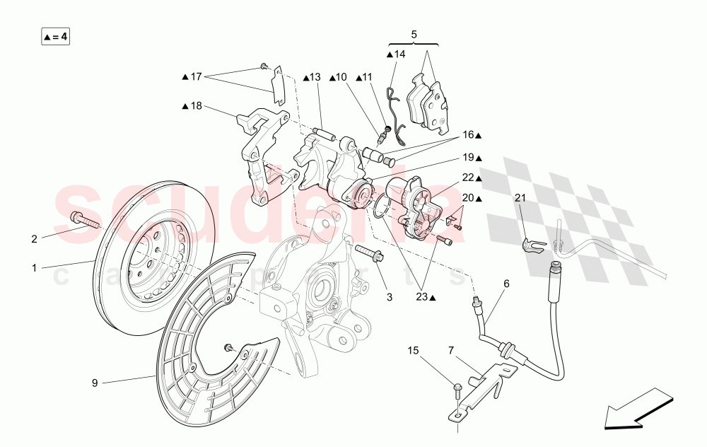 BRAKING DEVICES ON REAR WHEELS (Available with: Dual Cast Braking System (Front - 345 mm) ; (Rear - 330 mm) - Coloured brake calipersNot available with: DUAL CAST BRAKING SYSTEM (FRONT - 360 MM) CAST-IRON (REAR - 345 MM)) of Maserati Maserati Ghibli (2017+) S