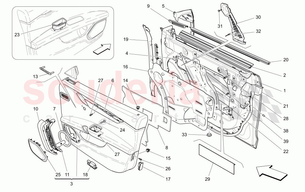 FRONT DOORS: TRIM PANELS (Not available with: EXTERIOR BLACK KIT FULL (FRONT GRILLE FRAME, DOOR HANDLE, DOOR MIRRORS COVER)) of Maserati Maserati Ghibli (2017+)