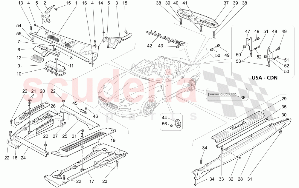 SHIELDS, TRIMS AND COVERING PANELS (Available with: "Spyder 90th Anniversary" Version) of Maserati Maserati 4200 Spyder (2005-2007) CC