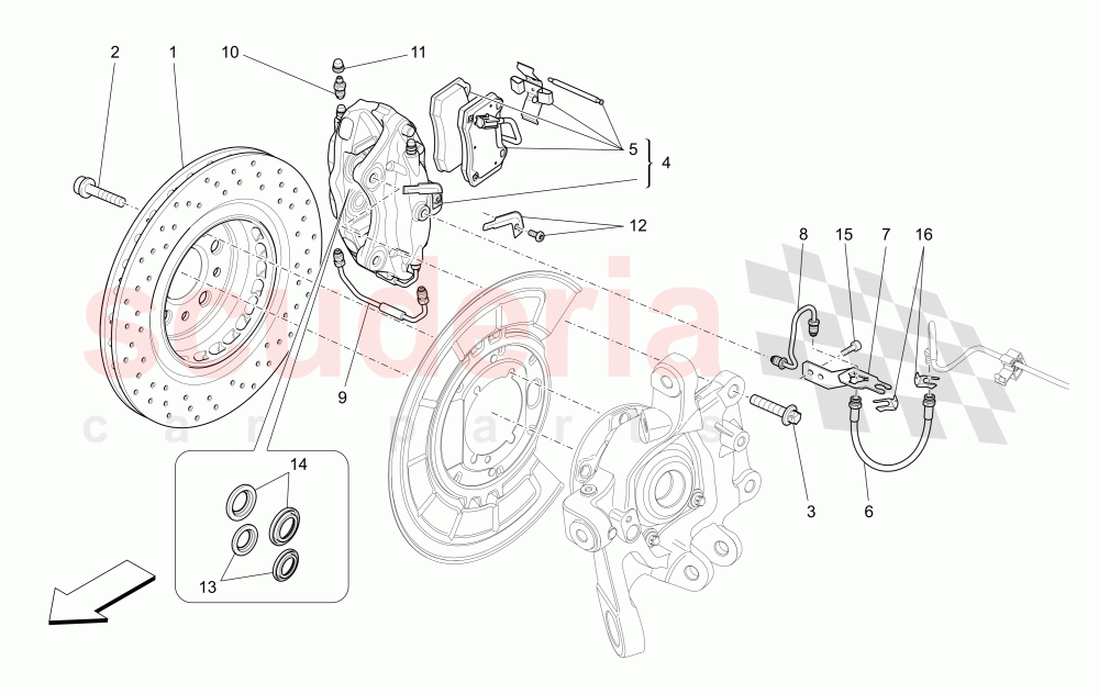 BRAKING DEVICES ON REAR WHEELS (Available with: DUAL CAST BRAKING SYSTEM (FRONT - 360 MM) CAST-IRON (REAR - 345 MM)Not available with: Dual Cast Braking System (Front - 345 mm) ; (Rear - 330 mm) - Coloured brake calipers, Dual Cast Braking System (Front - 345 mm) ; (Rear - 330 mm)) of Maserati Maserati Ghibli (2014-2016)