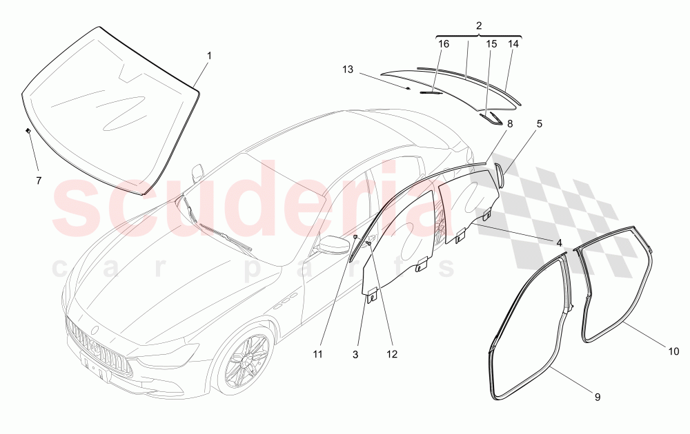 WINDOWS AND WINDOW STRIPS (Not available with: EXTERIOR BLACK KIT FULL (FRONT GRILLE FRAME, DOOR HANDLE, DOOR MIRRORS COVER)) of Maserati Maserati Ghibli (2014-2016) S Q4