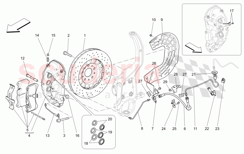 BRAKING DEVICES ON FRONT WHEELS (Available with: DUAL CAST BRAKING SYSTEM (FRONT - 360 MM) CAST-IRON (REAR - 345 MM)Not available with: Dual Cast Braking System (Front - 345 mm) ; (Rear - 330 mm) - Coloured brake calipers, Dual Cast Braking System (Front - 345 mm) ; (Rear - 330 mm)) of Maserati Maserati Ghibli (2014-2016) S Q4