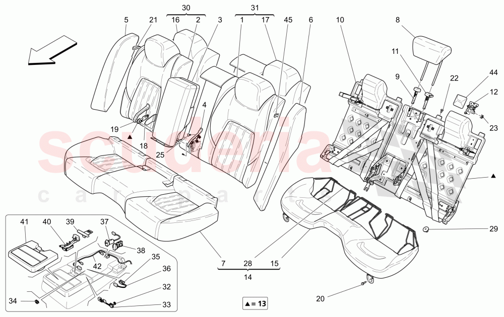 REAR SEATS: TRIM PANELS (Not available with: COMFORT-LUXURY REAR SEATS WITH CENTRAL CONSOLE, SPORT 8-WAY POWER FRONT SEATS, 12 WAYS WITH MEMORIES FOR LEVANTE MY18/19) of Maserati Maserati Quattroporte (2013-2016) V6 330bhp