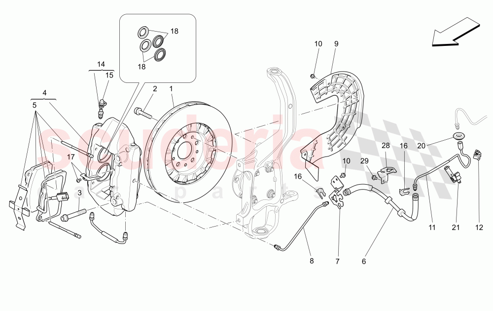 BRAKING DEVICES ON FRONT WHEELS (Available with: Dual Cast Braking System (Front - 345 mm) ; (Rear - 330 mm) - Coloured brake calipersNot available with: DUAL CAST BRAKING SYSTEM (FRONT - 360 MM) CAST-IRON (REAR - 345 MM), Dual Cast Braking System (Front - 345 mm) ; (Rear - 330 mm)) of Maserati Maserati Ghibli (2017+) Diesel