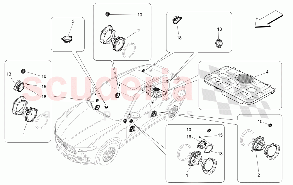 SOUND DIFFUSION SYSTEM (Available with: PREMIUM SOUND SYSTEMNot available with: BASIC SOUND SYSTEM (8 SPEAKERS), HIGH PREMIUM SOUND SYSTEM) of Maserati Maserati Levante (2017+) S