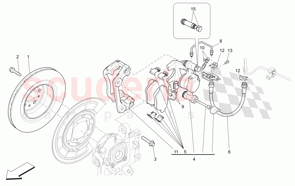 BRAKING DEVICES ON REAR WHEELS (Not available with: Dual Cast Braking System (Front - 345 mm) ; (Rear - 330 mm) - Coloured brake calipers, DUAL CAST BRAKING SYSTEM (FRONT - 360 MM) CAST-IRON (REAR - 345 MM), Dual Cast Braking System (Front - 345 mm) ; (Rear - 330 mm)) of Maserati Maserati Ghibli (2014-2016)