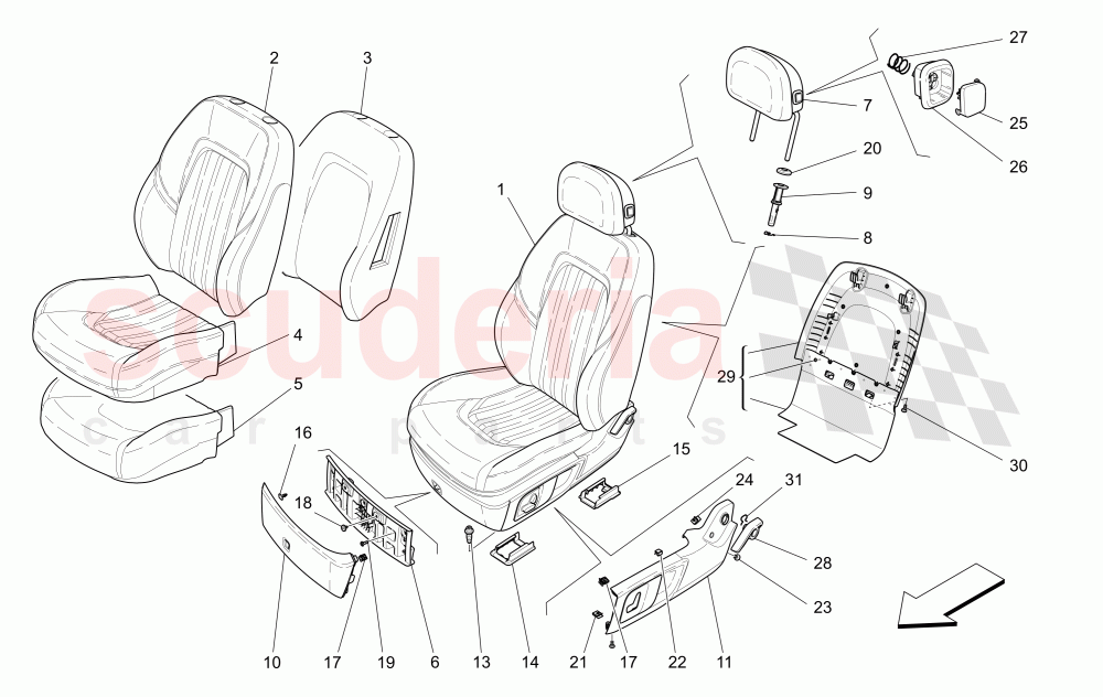 FRONT SEATS: TRIM PANELS (Not available with: SPORT 8-WAY POWER FRONT SEATS, 12 WAYS WITH MEMORIES FOR LEVANTE MY18/19, SPORT EQUIPMENT) of Maserati Maserati Ghibli (2017+)