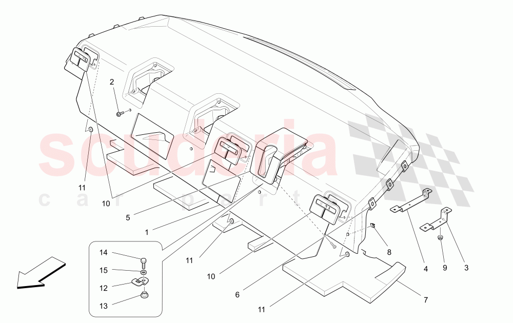 REAR PARCEL SHELF (Available with: REAR SEAT BENCH, THREE PLACESNot available with: COMFORT-LUXURY REAR SEATS WITH CENTRAL CONSOLE, REAR SEAT BENCH THREE PLACES HEATED, POWER REAR SUNBLIND) of Maserati Maserati Quattroporte (2017+) Diesel