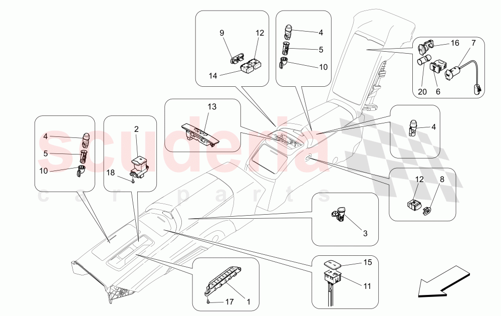 CENTRE CONSOLE DEVICES (Available with: COMFORT-LUXURY REAR SEATS WITH CENTRAL CONSOLE) of Maserati Maserati Quattroporte (2013-2016) Diesel